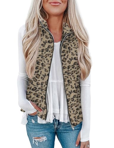Rapbin Sleeveless Waistcoat Flannel Vest Zip up Outerwear with Pockets Checkered Gilet for Women