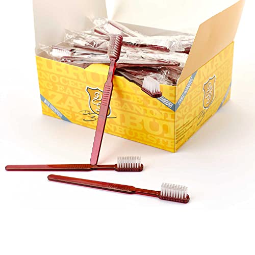 Dr. Bauer's Cepillos de dientes desechables con pasta dentífrica, envueltos individualmente, paquete de 100 unidades (rojo)