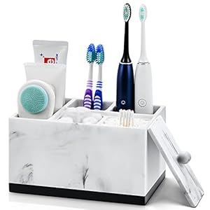 VITVITI Toothbrush Holder for Bathroom,5-Compartment White Marble Resin Bathroom Organizer for Toothpaste,Toothbrushes,and Bathroom Accessories-Countertop Storage for Vanity Counter(White with Cover)