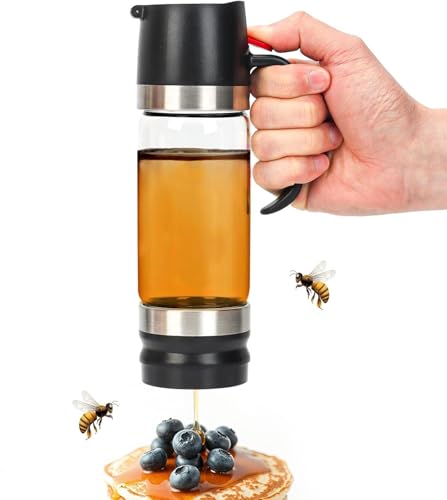 Syzplnwy Dispensador de miel de cristal, 350 ml, boquilla antigoteo con mango y base antideslizante, recipiente de cristal multiusos para miel, jarabe, café (apto para lavavajillas), color negro