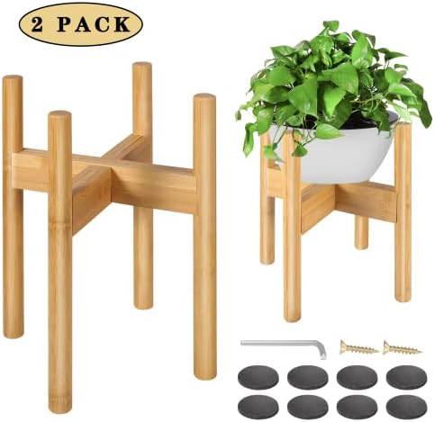FJO 2 Pcs Adjustable Plant Stand, Bamboo Mid Century Modern Plant Stand, Indoor Plants Stands, Corner Flower Holder for Living Room, Fits 8 to 12 Inches Pots(Pot & Plant Not Included) (Natural)
