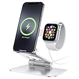 DISEÑO DOS EN UNO: Esta combinación de soporte para teléfono de soporte de carga magsafe y soporte de carga para reloj de Apple. Le permite cargar su serie iPhone 13 y Apple Watch simultáneamente, y también funciona como soporte para teléfono plegable con ángulo ajustable