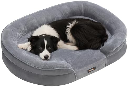 FEANDREA Hundebett, orthopädisch, für mittelgroße Hunde, 89 x 63 x 18 cm | Hundekissen, wasserdichte Innenschicht, erhöhte Ränder, abnehmbarer, waschbarer Bezug, rutschfest, hellgr
