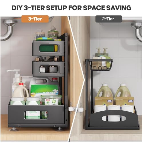 Image of 2 Pack 19IN-Depth Under Sink Organizer,Pull Out Cabinet Organizer With Smooth Cylindrical Rail,Metal Slide Out Drawer for Kitchen Bathroom Laundry,8-Level Tool Free Height Adjustable-Black