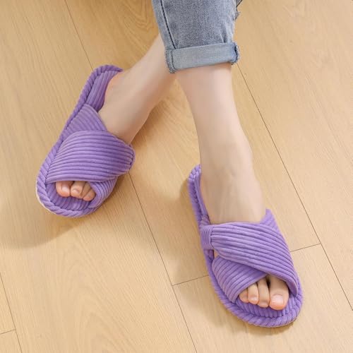 Image of Evshine Summer House Slippers for Women Corduroy Cross Bow Indoor Slippers Open Toe Slip On Bedroom Shoes with Memory Foam