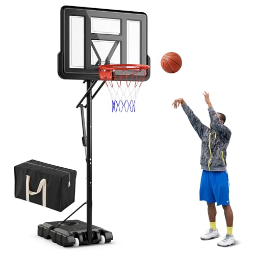 GYMAX Canasta de Baloncesto Ajustable en Altura para Interior y Exterior, Canasta Profesional con Tablero Resistente, Base Rellenable, 2 Ruedas y Bolsa para Niños, Adolescentes y Adultos