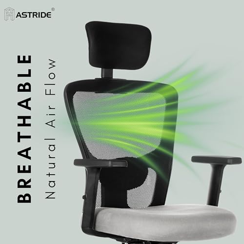 Image of ASTRIDE Aevin Pro Ergonomic Office Chair for Work || 7 Years Warranty || Multi Lock Synchro Mechanism || 2D Soft Arms || 3D Headrest || [Heavy Duty Metal Base, Grey]