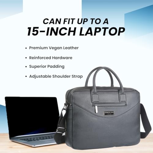 Image of KENNETH COLE Unisex Professional 15 Inch Laptop Bag | Premium Glossy Textured PU Lightweight Briefcase Bag | Adjustable Shoulder Strap, for Work, Business and Travel