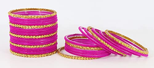 Image of NMII Premium Glass & Golden Beads Velvet Bangle Set For Women and Girls | Velvet Chudi | Traditional Chudi Set | Designer Girl's Bangles Bracelet | Wedding, Party, Festive, Daily- Set of 34