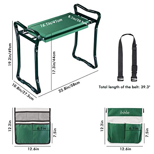 Garden Kneeler and Seat, Upgraded Folding Garden Bench Stool Portable Garden Kneeler Sturdy Gardening Tools with 2 Free Tool Pouch, Detachable Belt, EVA Kneeling Pad, Ideal Gardening Gift