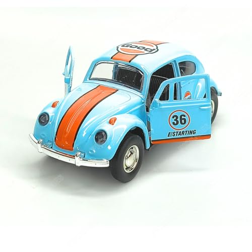 Image of Classic Vintage VW Beetle Diecast Metal Pullback Toy car with Openable Doors for Kids | 1:36 Scale Model | Pull Back | Gift for Boys Girls (Blue with Stripes)