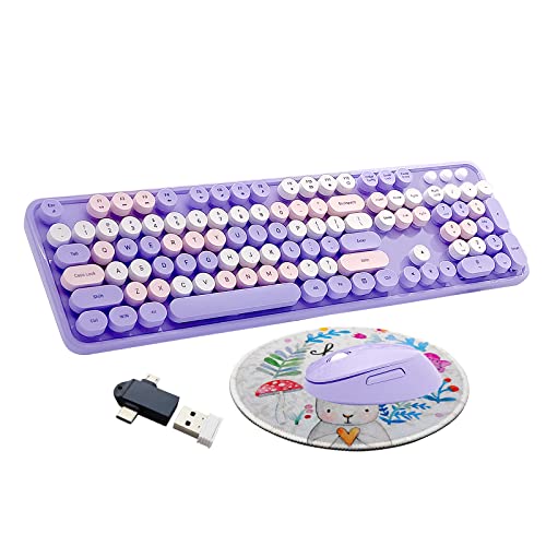 Image of Purple Retro Typewriter Wireless Keyboard and Mouse Combo for Home Office | Full Size Cute Vintage Round Bubble Keycaps, Ergonomic Aesthetic Colorful Keyboard Mouse Set for Long Nails Laptop Desktop PC