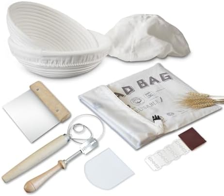 2 Pack 10'' Round Banneton Bread Proofing Baskets Gift Set Sourdough Starter Kit Proofing Bowl Liners Dough Scrapers Whisk Scoring Tools Bread Bag Baking Supplies image 2
