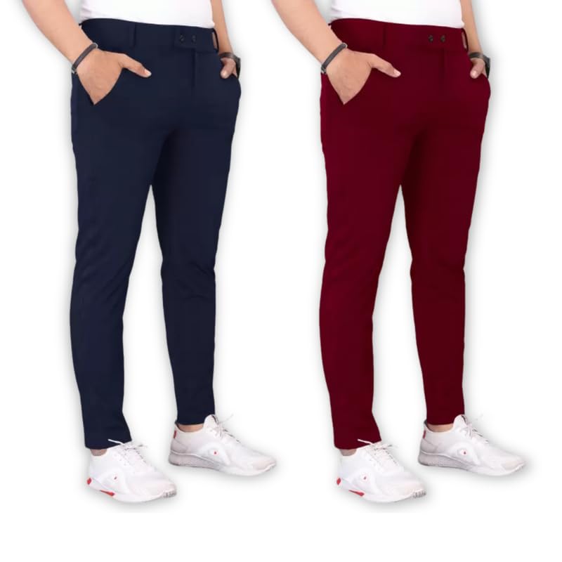 Image of Men's Stylish Slim Fit Lycra Blend Trousers - Pack of 2 (Combo) Formal Pants for Men | Stretchable Regular Office Formal Wear | Comfortable Solid Casual, Business, and Work Trousers for Men