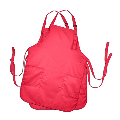 DALIX Apron Commercial Restaurant Home Bib Spun Poly Cotton Kitchen Aprons (2 Pockets) in Red 2 Pack