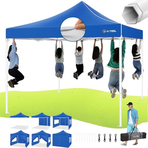 Image of HOTEEL 10x10 Pop Up Canopy Tent for Party with Sidewalls,Heavy Duty Commercial Instant Waterproof Gazebo,UV 50+ with Silver Coated, Upgraded Thickened Hexagonal Legs, Blue