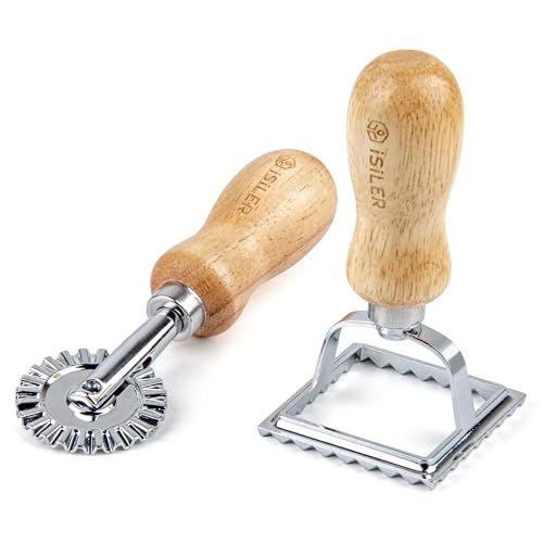 iSiLER Ravioli Stamp Maker Cutter with Roller Wheel Set, Wooden H...