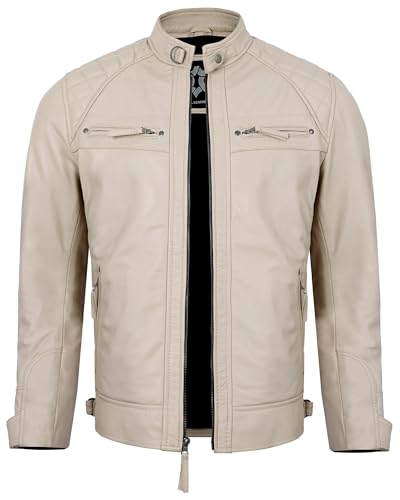 Image of Leather Jacket Men - Real Lambskin Motorcycle Jacket with Snap Tab Collar, Adjustable Waist & Zippered Pockets