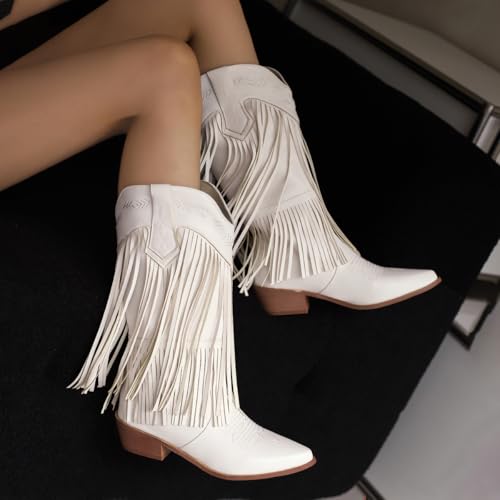 Women's Fringe Cowboy Knee High Boots Cowgirl Boots Pointed Toe Tassel Block Heel Embroidery Stitched Western Boots 6
