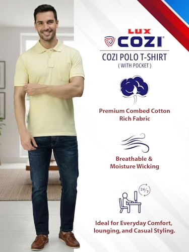 Image of Lux Cozi Men's Polo T-Shirt Regular Fit Half Sleeves with Pocket | Cotton Blend Polo Neck Collar T-Shirt for Men | Casual, Office Comfortable Breathable T-Shirt | Stylish Plain Tee