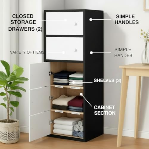 Image of 5-Door Morden Wooden Collapsible Wardrobe for Storage /Space Saving Wooden Wardrobe with Doors /Collpsible Storage Organiser /Living Room -Mapple (Black, 5 Layer)