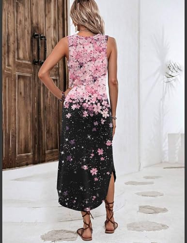 Image of Zeagoo Women Floral Summer Casual Beach Printed Tank Dress with Pockets Pleated Front Long Dress