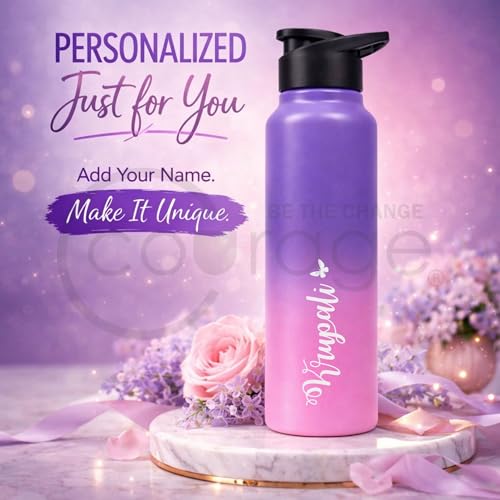 Image of COURAGE Stainless Steel Customize Sipper Water Bottle 1Liter Leak Proof for Fridge Home Office Travel School Kids Boys Girls Adults Sports Gym Yoga - Light Pink- Purple
