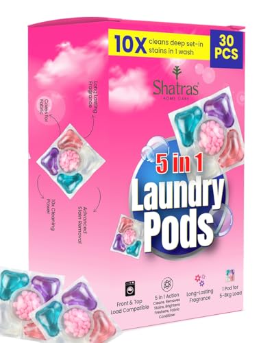 Image of Shatras 5-in-1 Laundry Detergent Pods (30 Pack) | Powerful Stain Remover | Floral Fragrance | For Top & Front Load Washing Machines | 1 Pod = 1 Wash (Up to 8kg Loads)