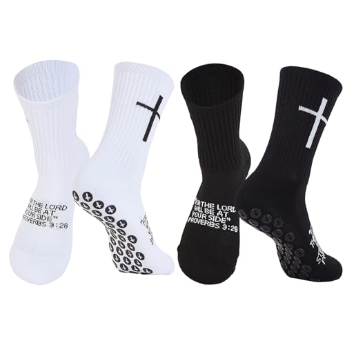 2 Pairs Cross Grip Soccer Socks Non-Slip Sports Sock with Bible Verse, Jesus Christian Socks for Football, US 6-13