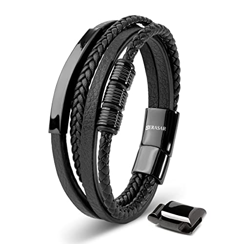 SERASAR Pulsera Hombre 20cm Negro Pulsera de Cuero Hombre Chico Pulseras Hombres Brazalete Brazaletes Pulso Muñequera Bisuteria Bisutería Joyeria Nudos Cuerda Cuerdas Bracelet Men Jewellery Ancha