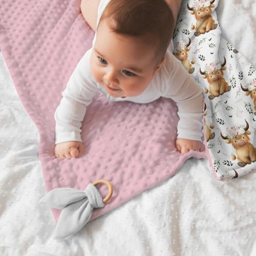 Image of Highland Cow Floral Baby Blankets for Girls 30 inch x 40 inch, Pink Flower Soft Double Layer Minky Blanket with Dotted Fleece Back, Nursery Bed Receiving Quilt for Newborn Infant Toddler Shower Gift