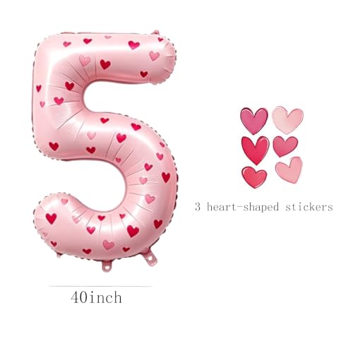 Image of 40 Inch Pink Heart Shaped Stickers Number 5 Balloon Happy Birthday Party Decorations Big Foil Number Balloons for Birthday Anniversary Party Supplies,Light pink 5