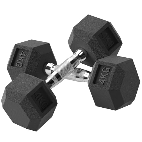 HOMCOM Juego de Mancuernas Hexagonales, 2 x 4 kg, de Hierro Fundido, Recubiertas de Goma, Juego de Pesas con Barras de Conexión para Entrenamiento en Casa, Gimnasio y Oficina, Negro y Plata