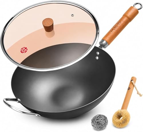 Image of WANGYUANJI 12.6 Inch Carbon Steel Wok with Lid, Flat Bottom Wok Pan for Induction, Electric and Gas Stoves, Uncoated Chinese Stir Fry Pan with Wooden Handle
