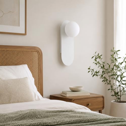 Image of Glass Globe Wall Sconce,White,Suit for Bedroom and Hallway | Ambient Lighting,Milk Glass Sphere Lampshade,Mid Century Modern Style,Hardwired Design,for Stairway and Corridor