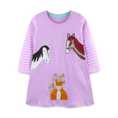 FreeLu Girls' Cotton Casual Longsleeve Party Dresses Special Occasion Cartoon Print Dress 2-7Y