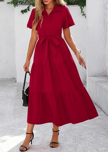 Image of KIRUNDO Summer Button Down Wedding Guest Shirt Dresses for Women Maxi Flutter Short Sleeve Flowy Tiered Beach Sun Dress