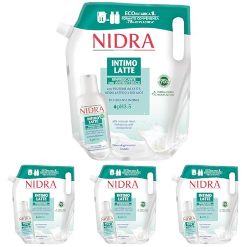 NIDRA | Eco-recarga de limpiador íntimo refrescante con antibacteriano, con proteínas de la leche, formato ahorro, ginecológicamente testado, Made in Italy, 1000 ml (Paquete de 4)