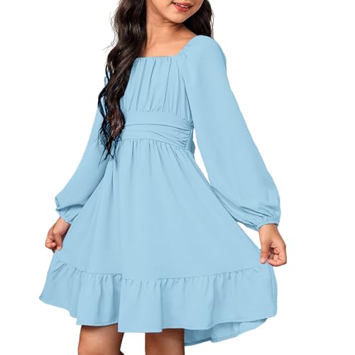 Mjjsk Vestido de fiesta para niñas, elegante vestido de otoño de manga larga con volantes en la espalda, vestido de princesa, boda, cumpleaños, vestido casual liso para niños, azul claro, 14-15 años