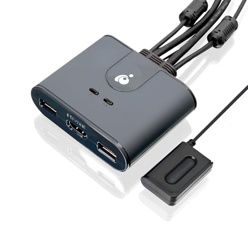 IOGEAR KVM Switch Conmutador HDMI 2 PC 1 Monitor 1080@60Hz Full HD para ratón teclado impresora con cables USB HDMI y control remoto Plug and Play compatible con Windows, Mac y Linux