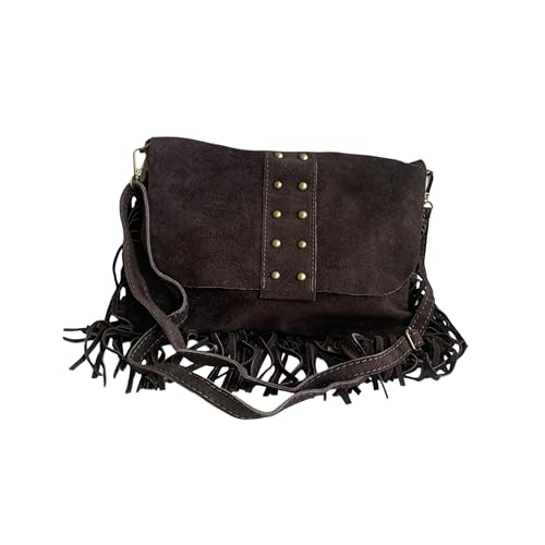 Bolso bandolera con flecos y tachuelas de ante italiano. Correa ajustable e intercambiable. Cierre de cremallera. Interior forrado con bolsillo incorporado. (Marrón chocolate)
