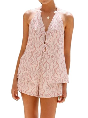 Image of ROAONOCOMO Women Tie Front Shorts Set V Neck Halter Cami Top Y2K 2 Piece Pj Set Graphic Summer Beach Lounge Outfit