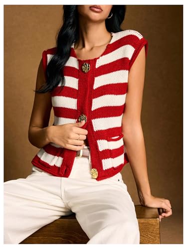 MakeMeChic Women's Striped Metal Floral Sweater Vest Crew Neck Button Down Knit Top with Pocket4