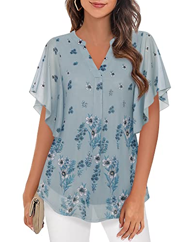 Image of Timeson Women's Short Sleeve V Neck Blouses Shirts Floral Double Layers Mesh Tunics Tops