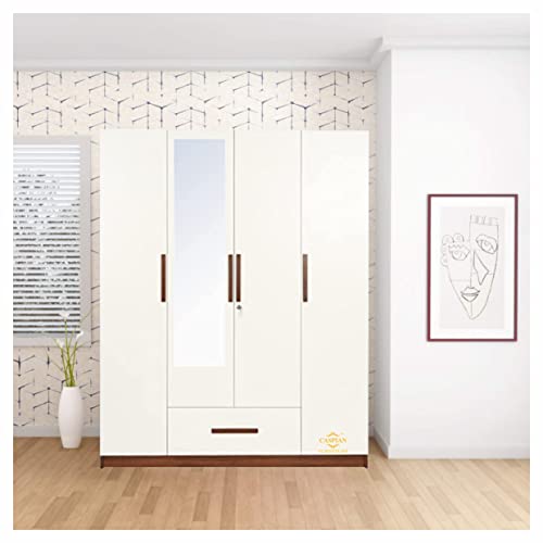 Image of CASPIAN Engineered Wood 4 Door Wardrobe (White & Brown) | Furniture with Dressing Mirror & Hanging Spaces | Cupboard /Almirah for Bedroom Clothes Storage Organizer | with Drawer & 8 Shelves