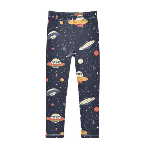 Cartoon UFO Spaceship Stars Girls Casual Leggings for Kids Printed Long Pant Bottoms Stretch and Soft