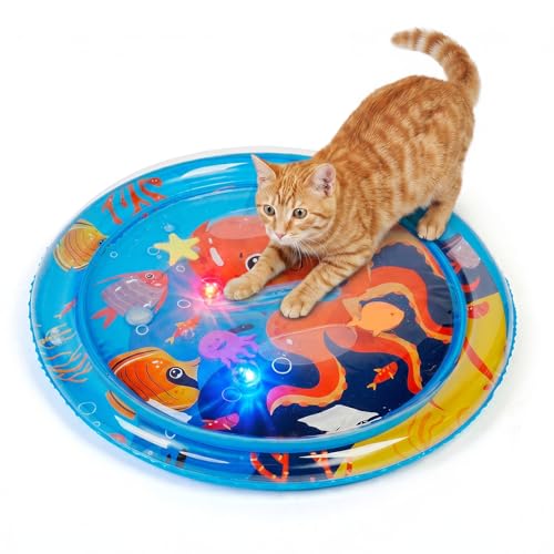 Pawfun Cat Water Mat with Fish- Thickened Cat Sensory Water Play Mat Toy Interactive Ocean Breeze Splashland with Floating Fish and 2 Balls for Cats & Kittens Indoor Pet Water Bed Play Mat Blue
