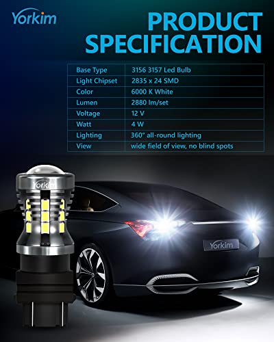 Yorkim 3157 Led Bulb 2880 Lumens 3156 Led Reverse Lights 3057 Led Tail Light Brake Light 4114 Led Day Running Light 3057 3056 3457 Led Replacement Bulb For Turn Signal Reverse Lights, 6000K White #TOP5
