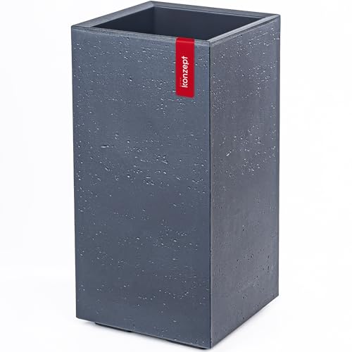 KONZEPT Pflanzkübel groß hoch in Beton-Optik mit Rollen und Drainage, 28,6 x 28,6 x 59,4 cm – für innen & außen, Anthrazit