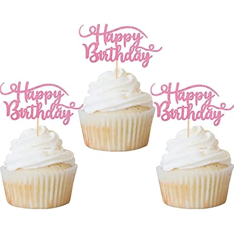 Rsstarxi 24 Pack Happy Birthday Cupcake Toppers Pink Glitter Birthday Cupcake Food Picks for Celebrating Happy Birthday Party Cake Decorations Supplies Cover